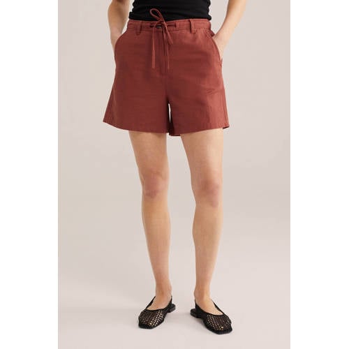 WE Fashion wide leg high waist casual short met linnen roodbruin afbeelding