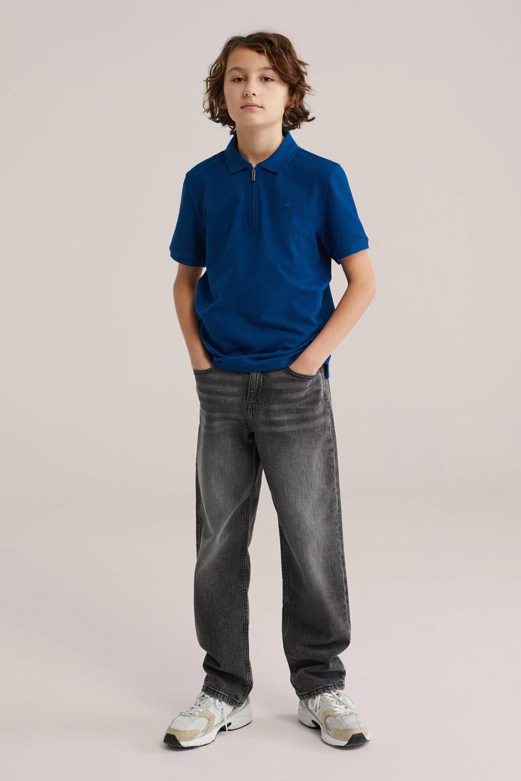 Marineblauw jongens WE Fashion T-shirt blauw van katoen met effen, korte mouwen, polo kraag en textuur
