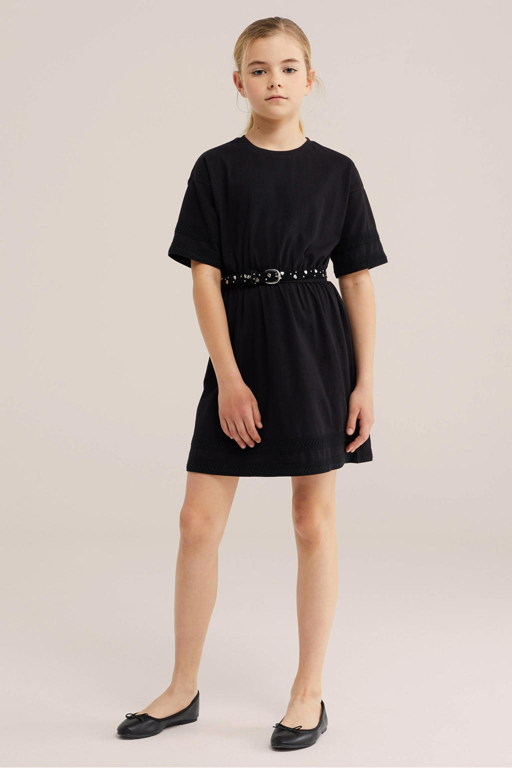 Zwarte meisjes WE Fashion T-shirtjurk korte jurk van katoen met effen, korte mouwen en ronde hals