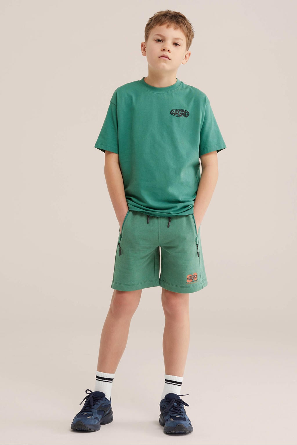 Donkergroene jongens WE Fashion T-shirt van katoen met backprint, korte mouwen en ronde hals