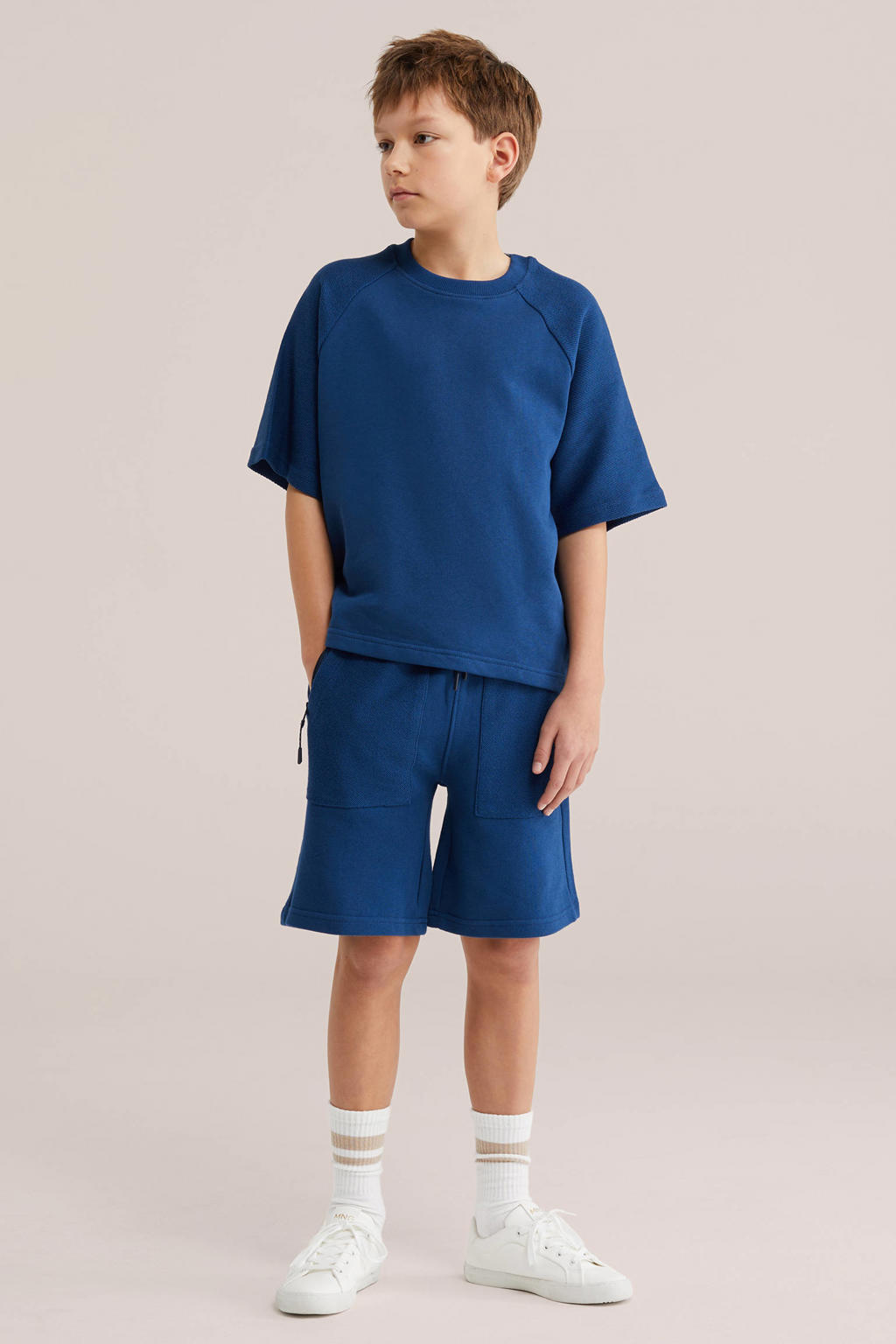 Donkerblauwe jongens WE Fashion sweater met effen, half lange mouwen en ronde hals