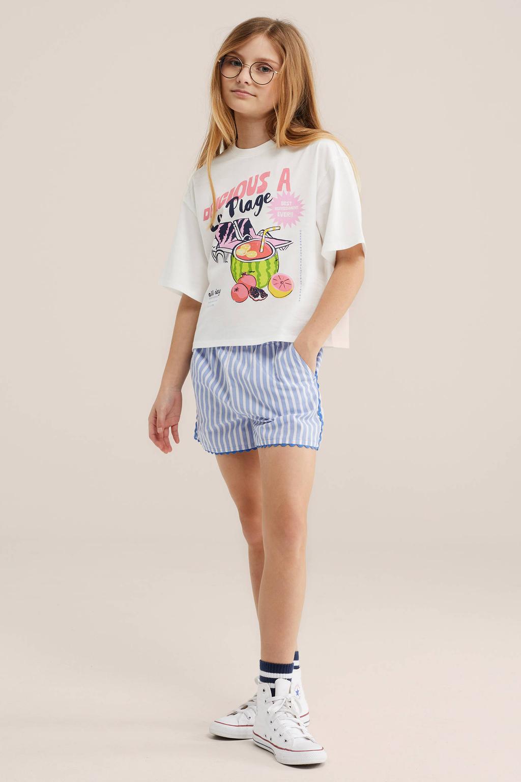 Wit en roze meisjes WE Fashion T-shirt van katoen met printopdruk, korte mouwen en ronde hals
