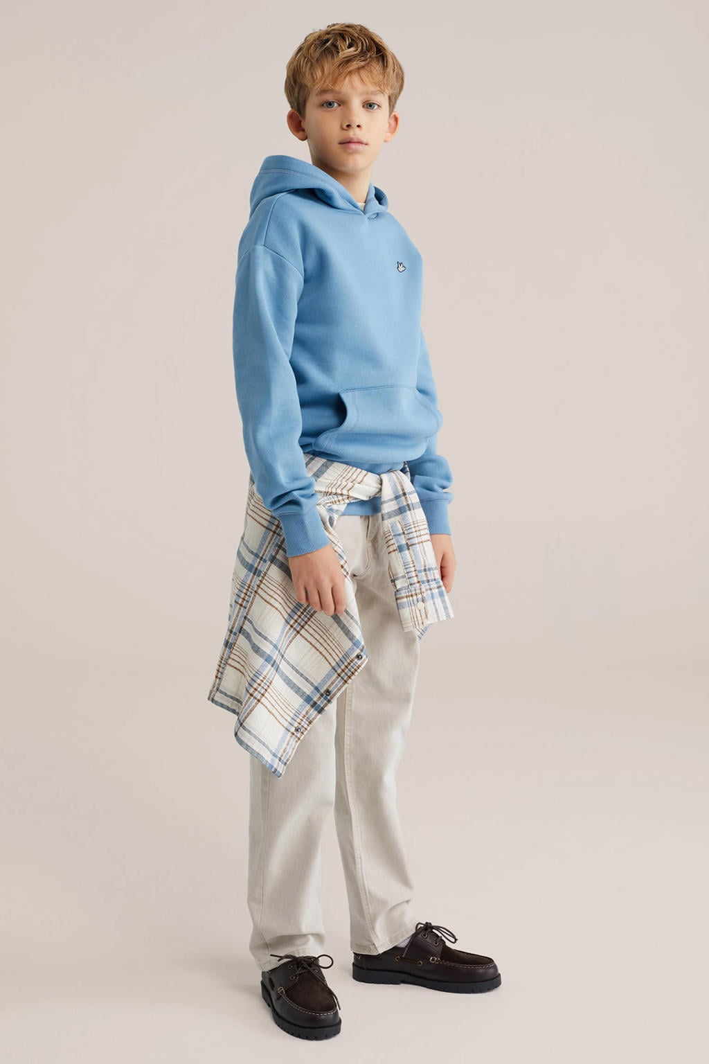 Blauwe jongens WE Fashion hoodie van sweat materiaal met effen, lange mouwen en capuchon