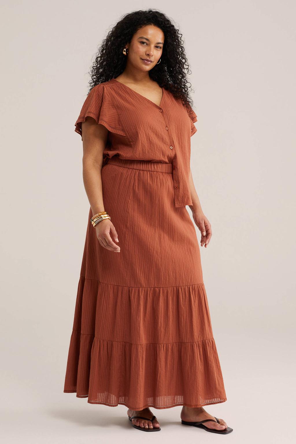Terracottakleurige dames WE Fashion Curve midi rok strokenrok voorzien van elastische tailleband