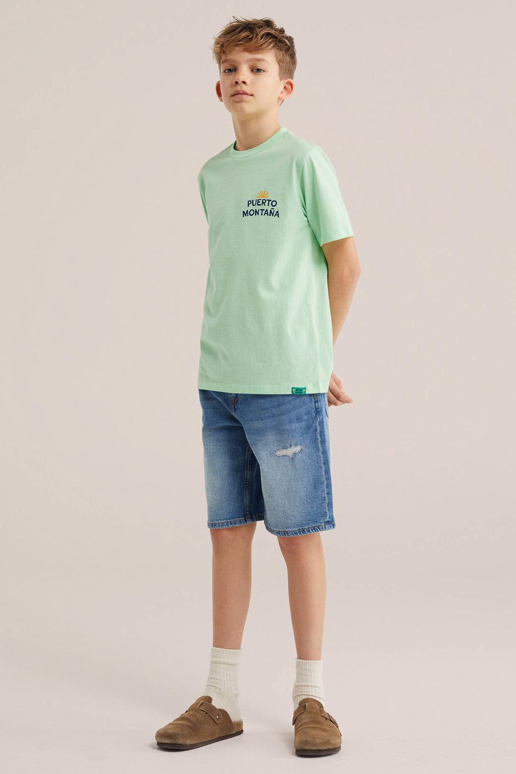 Lichtgroene jongens WE Fashion T-shirt van katoen met backprint, korte mouwen en ronde hals