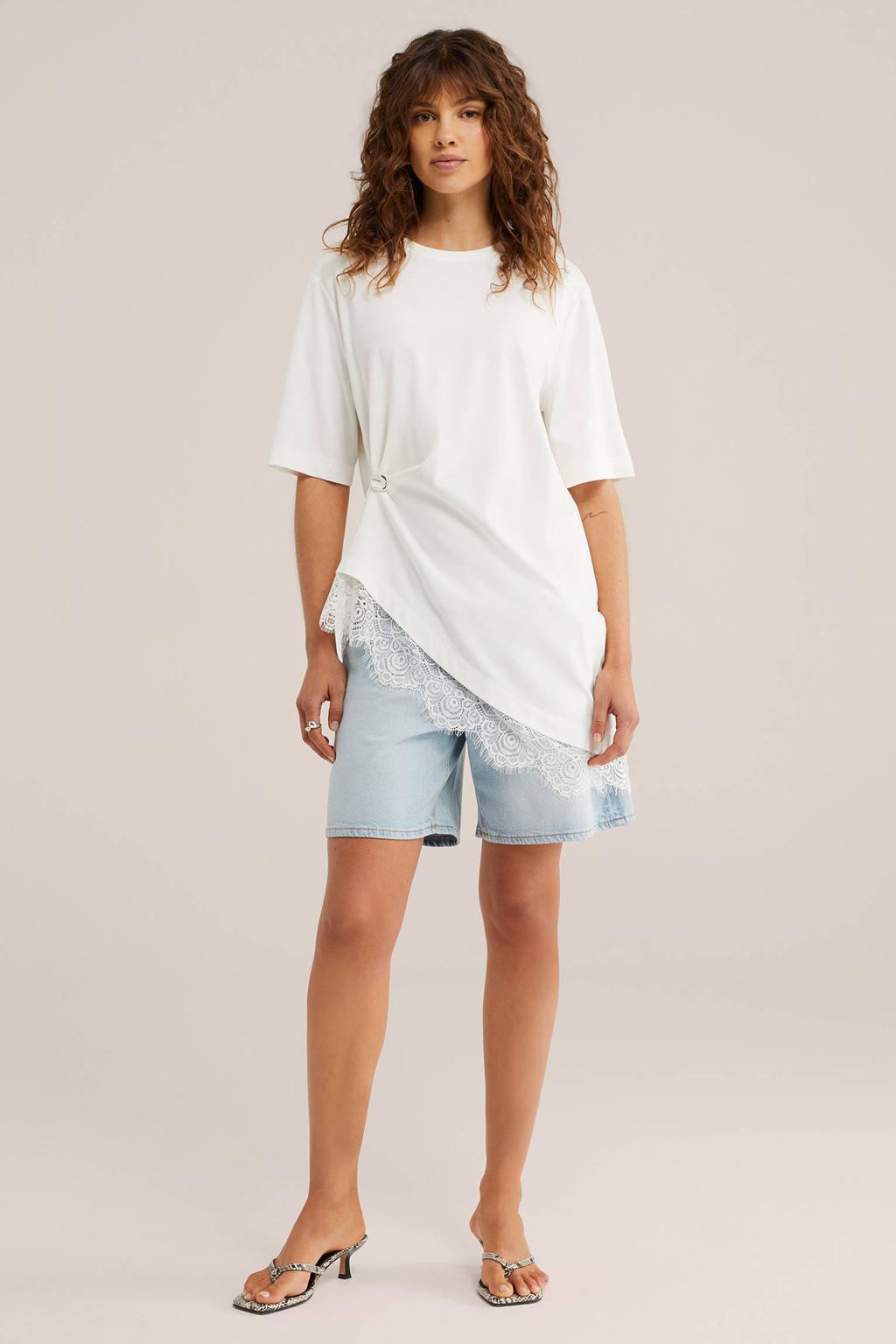 Light blue denim dames WE Fashion Blue Ridge wide leg regular waist short van denim met rits- en knoopsluiting en effen