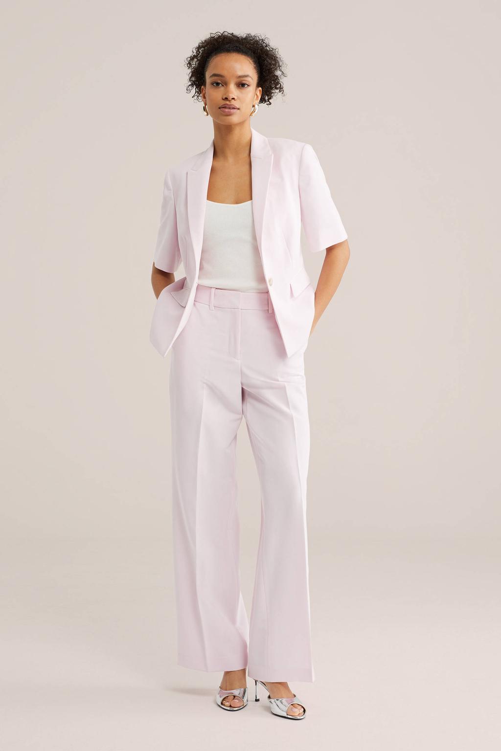Lichtroze dames WE Fashion regular blazer van polyester met effen, korte mouwen, reverskraag, knoopsluiting en geweven detail