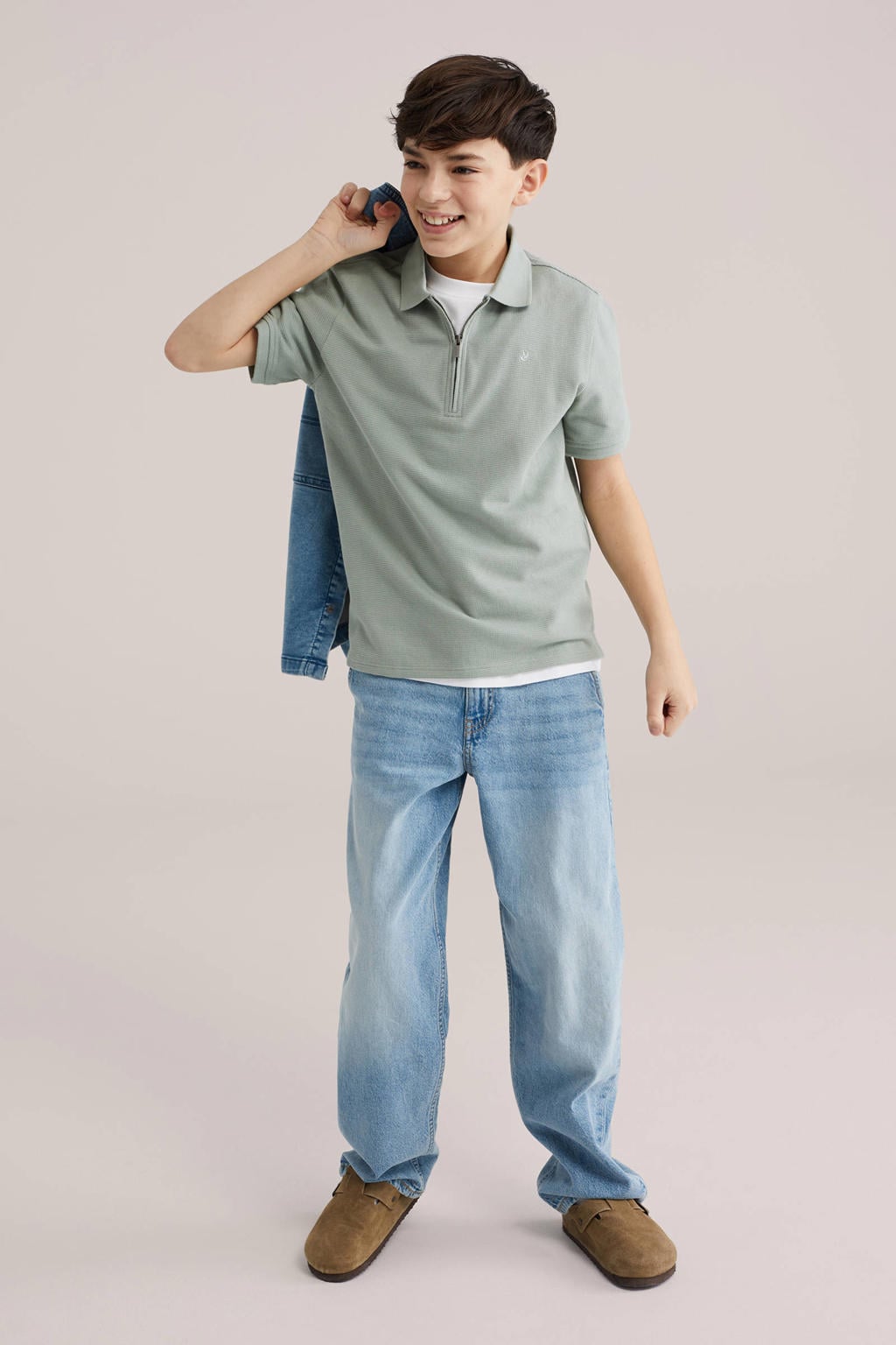 Lichtgroene jongens WE Fashion T-shirt van katoen met effen, korte mouwen, polo kraag en textuur