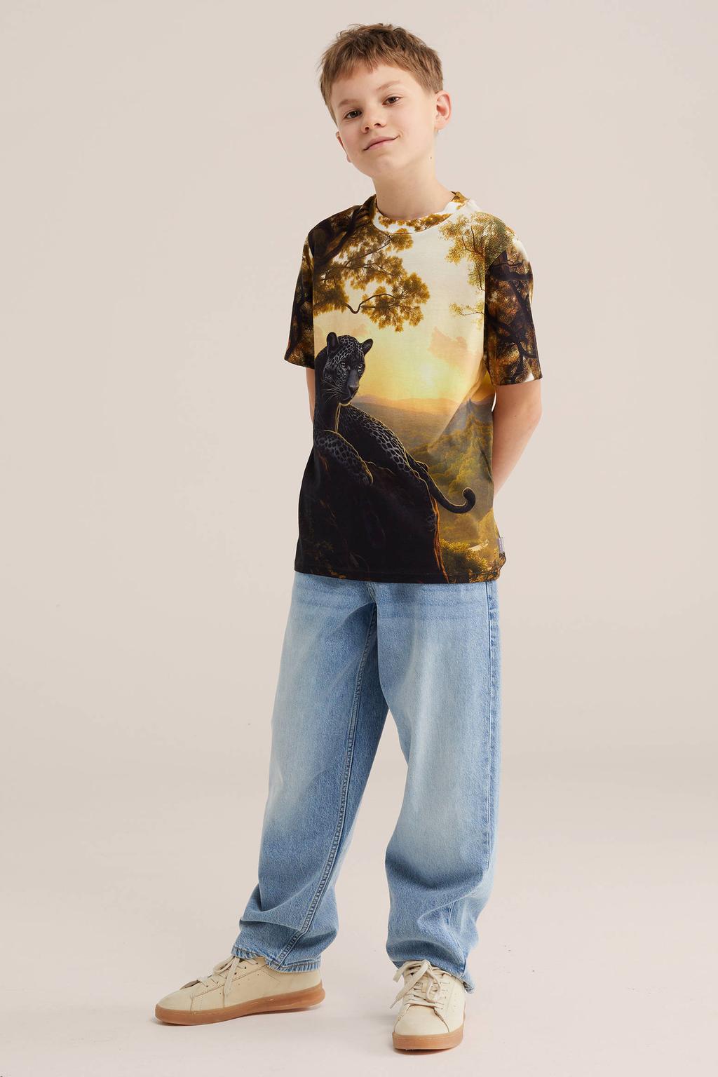 Geel en zwarte jongens WE Fashion T-shirt van katoen met printopdruk, korte mouwen en ronde hals