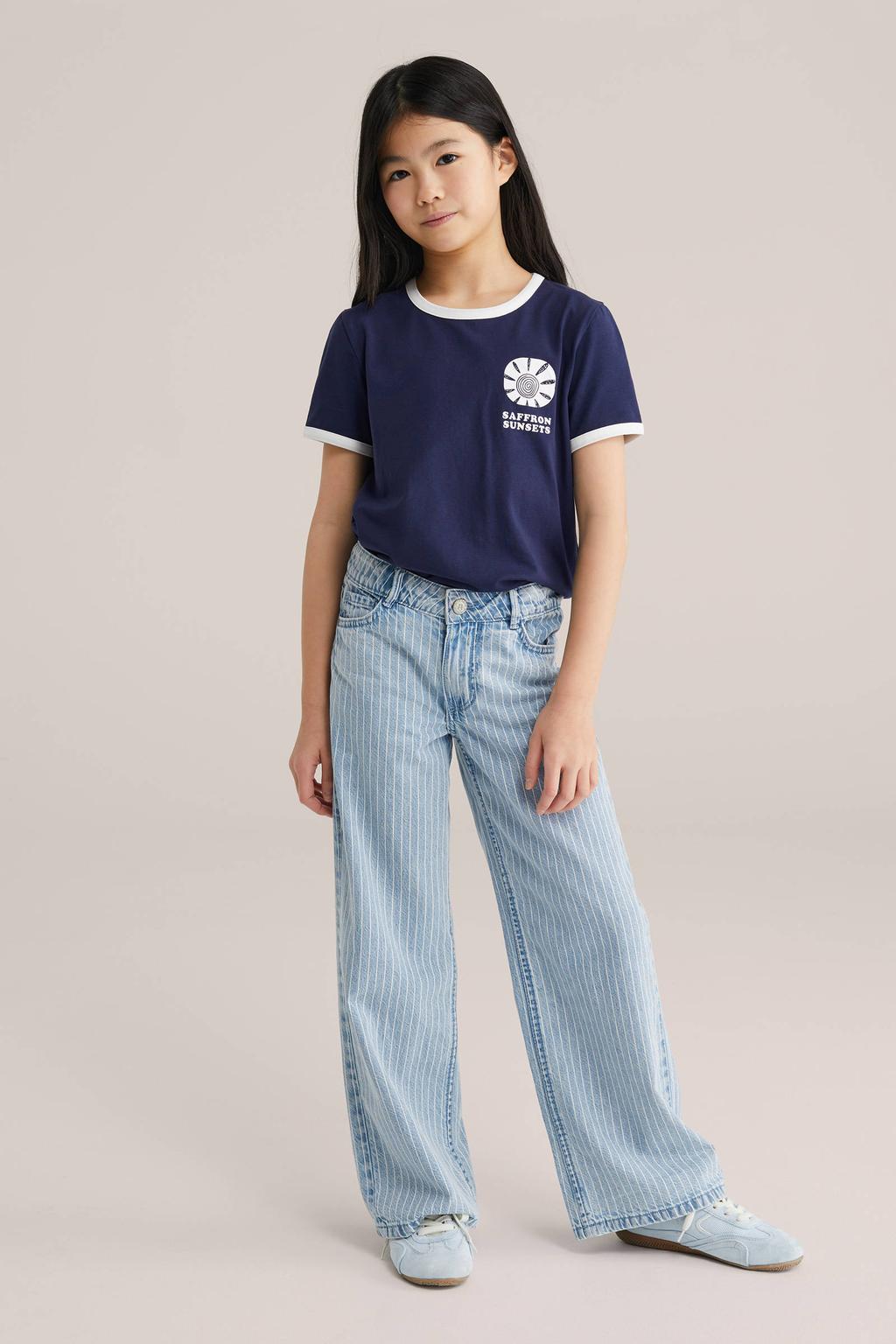 Light blue denim meisjes WE Fashion Blue Ridge gestreepte wide leg jeans van denim met rits- en knoopsluiting