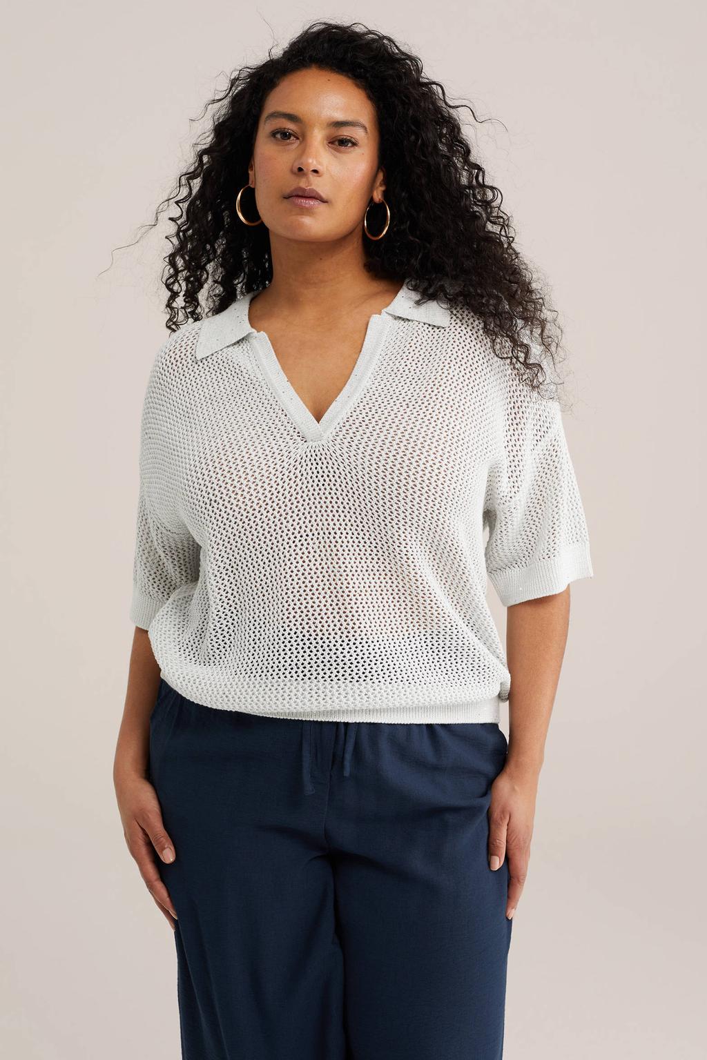 Witte dames WE Fashion Curve gebreide top met effen, korte mouwen en polo kraag