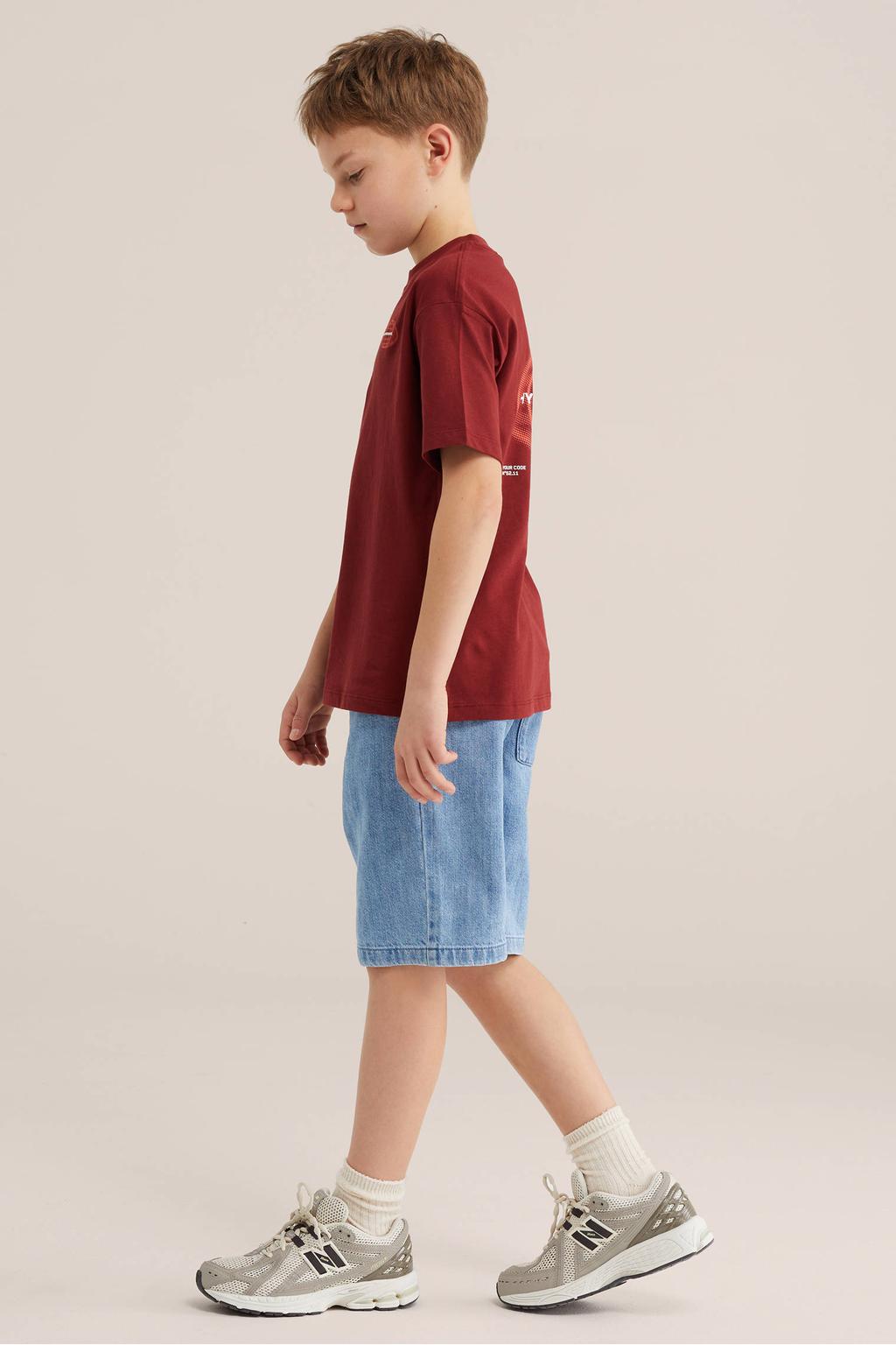 Donkerrode jongens WE Fashion T-shirt van katoen met backprint, korte mouwen en ronde hals