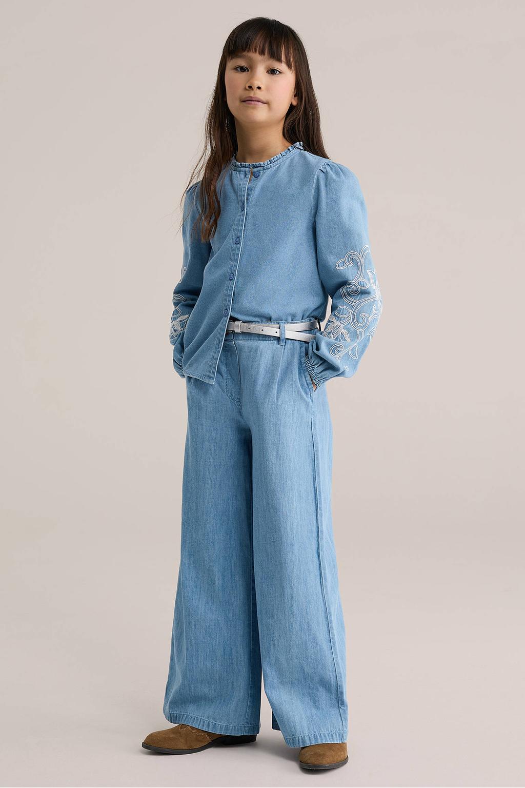 Light blue denim meisjes WE Fashion Blue Ridge high waist wide leg jeans van denim met loose fit en effen