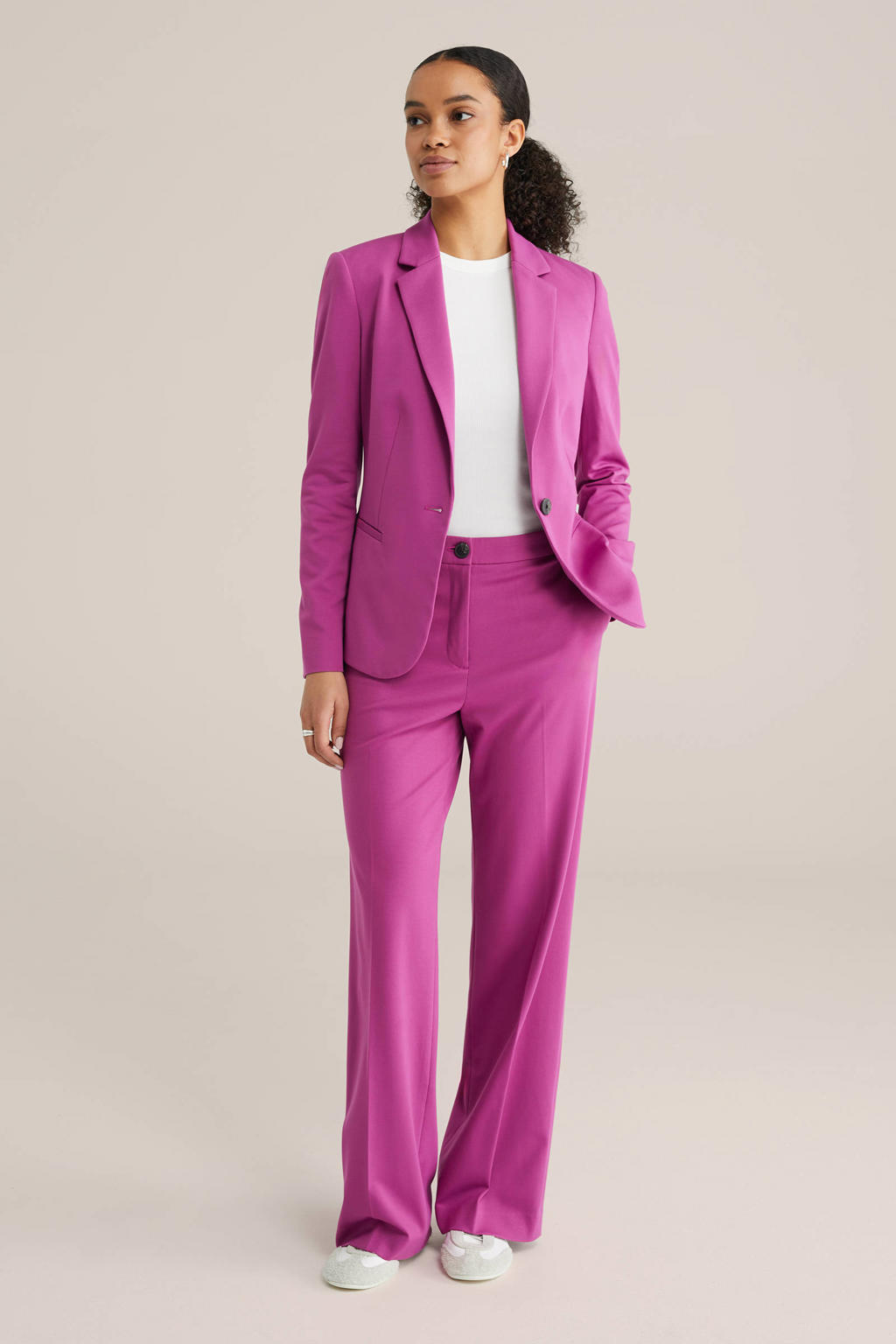 Fuchsia dames WE Fashion jersey high waist pantalon van viscose met loose fit, rits- en knoopsluiting en effen