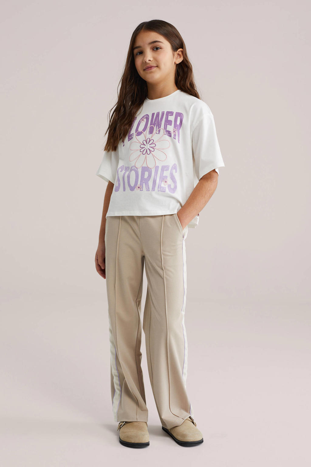 Witte meisjes WE Fashion T-shirt van katoen met tekst print, korte mouwen en ronde hals