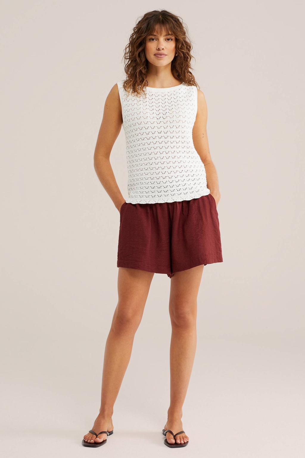 Witte dames WE Fashion top fijn gebreid met effen en ronde hals