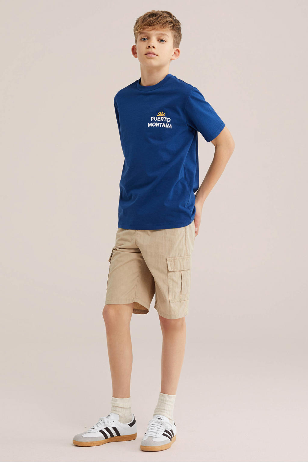 Donkerblauwe jongens WE Fashion T-shirt van katoen met backprint, korte mouwen en ronde hals
