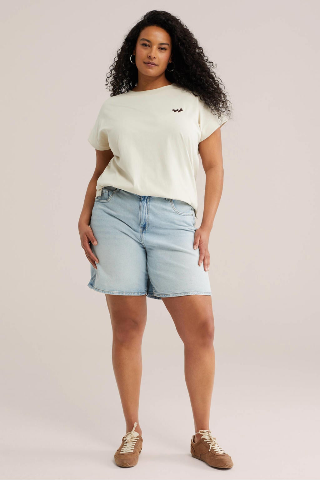 Light blue denim dames WE Fashion regular high waist short van denim met rits- en knoopsluiting en effen