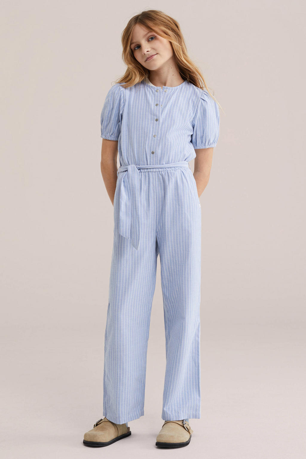 Lichtblauwe meisjes WE Fashion gestreepte Straight jumpsuit van katoen met korte mouwen en ronde hals