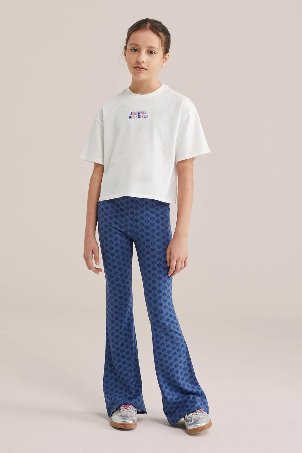 Blauwe meisjes WE Fashion flared legging van viscose met regular waist en elastische tailleband