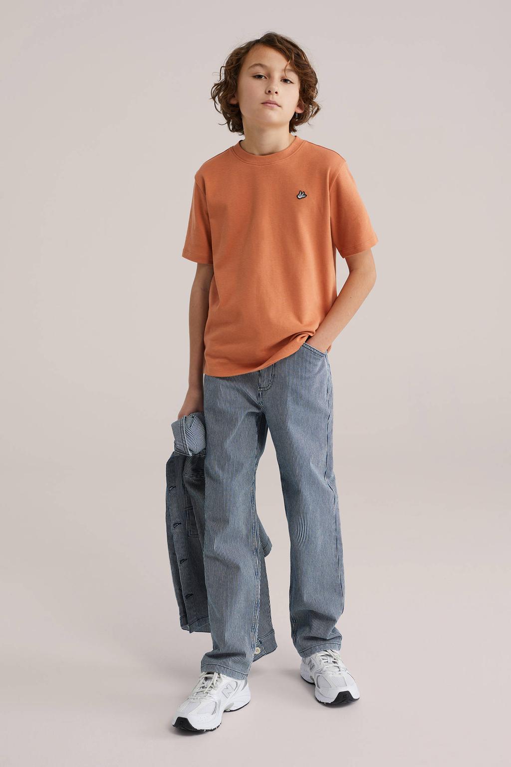 Oranje jongens WE Fashion T-shirt van katoen met effen, korte mouwen en ronde hals