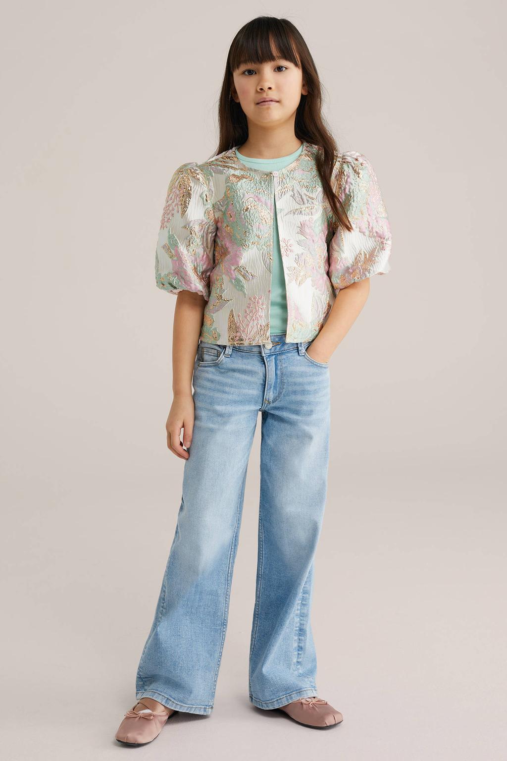 Roze, groen en blauwe meisjes WE Fashion blousetop van polyester met half lange mouwen, ronde hals en borduursels