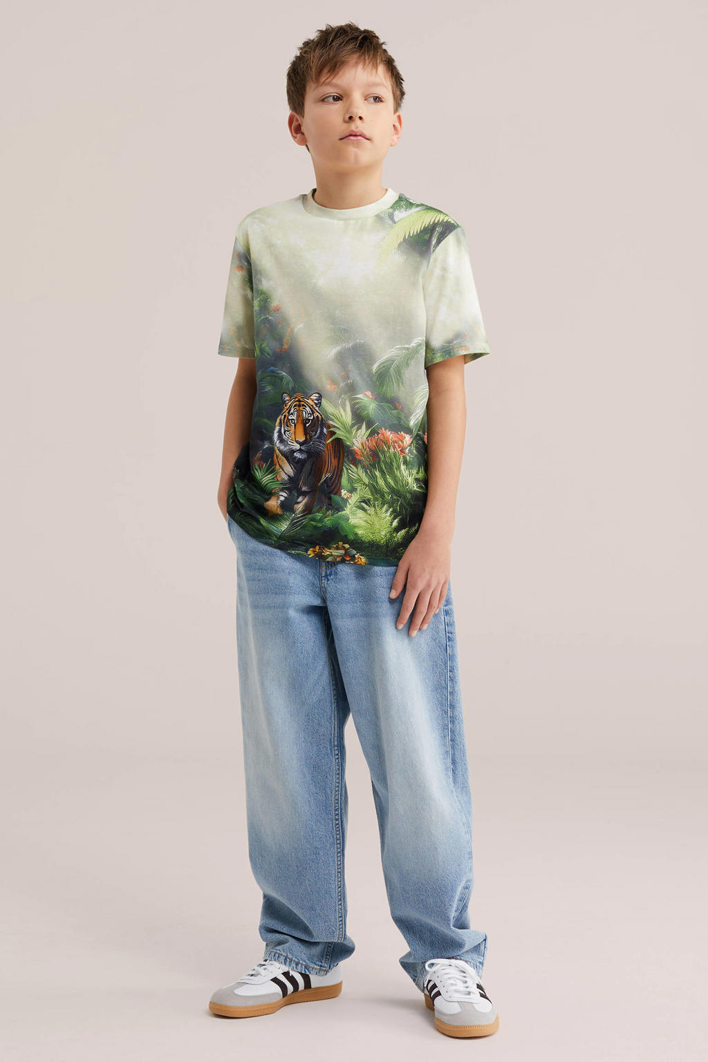 Lichtgroen en oranje jongens WE Fashion T-shirt van katoen met korte mouwen en ronde hals