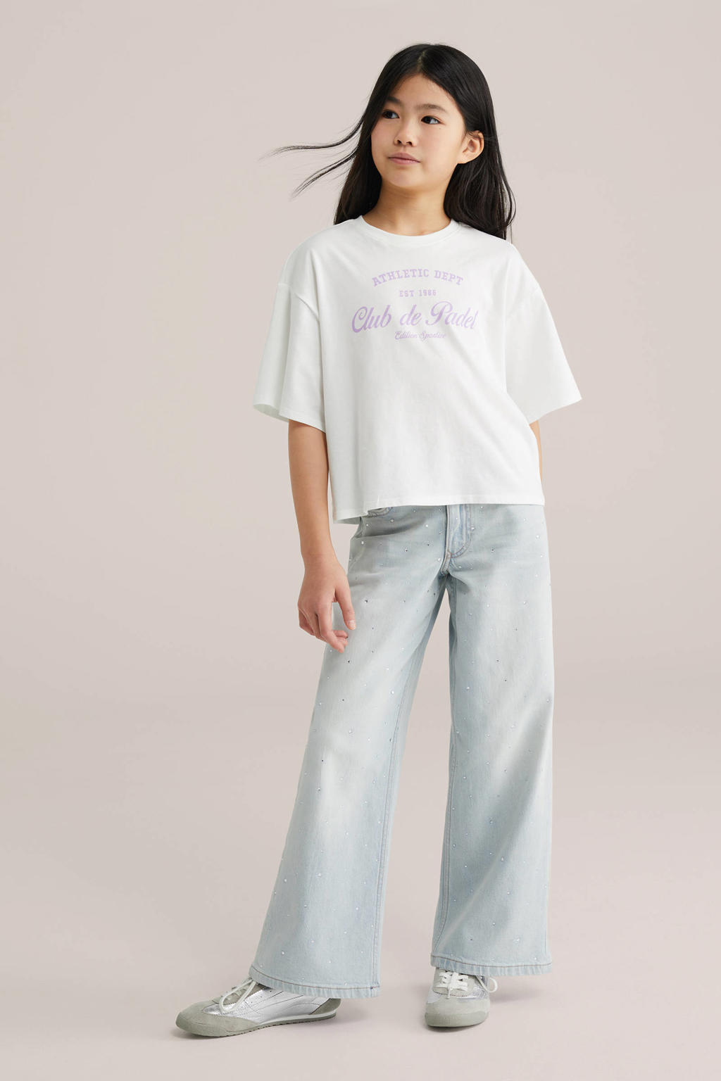 Light blue denim meisjes WE Fashion Blue Ridge wide leg jeans van denim met rits- en knoopsluiting en effen