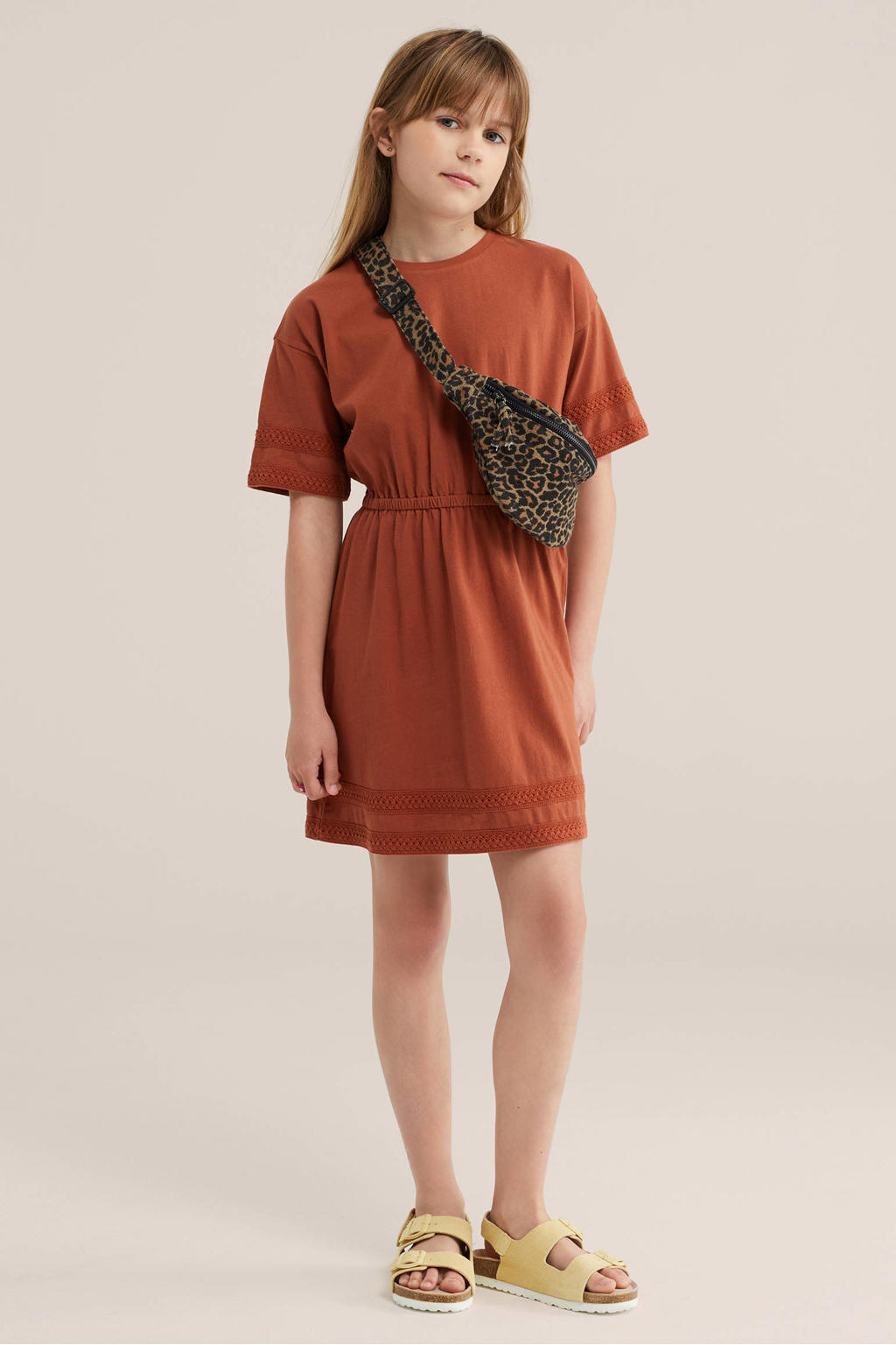Brique meisjes WE Fashion T-shirtjurk korte jurk van katoen met effen, korte mouwen en ronde hals