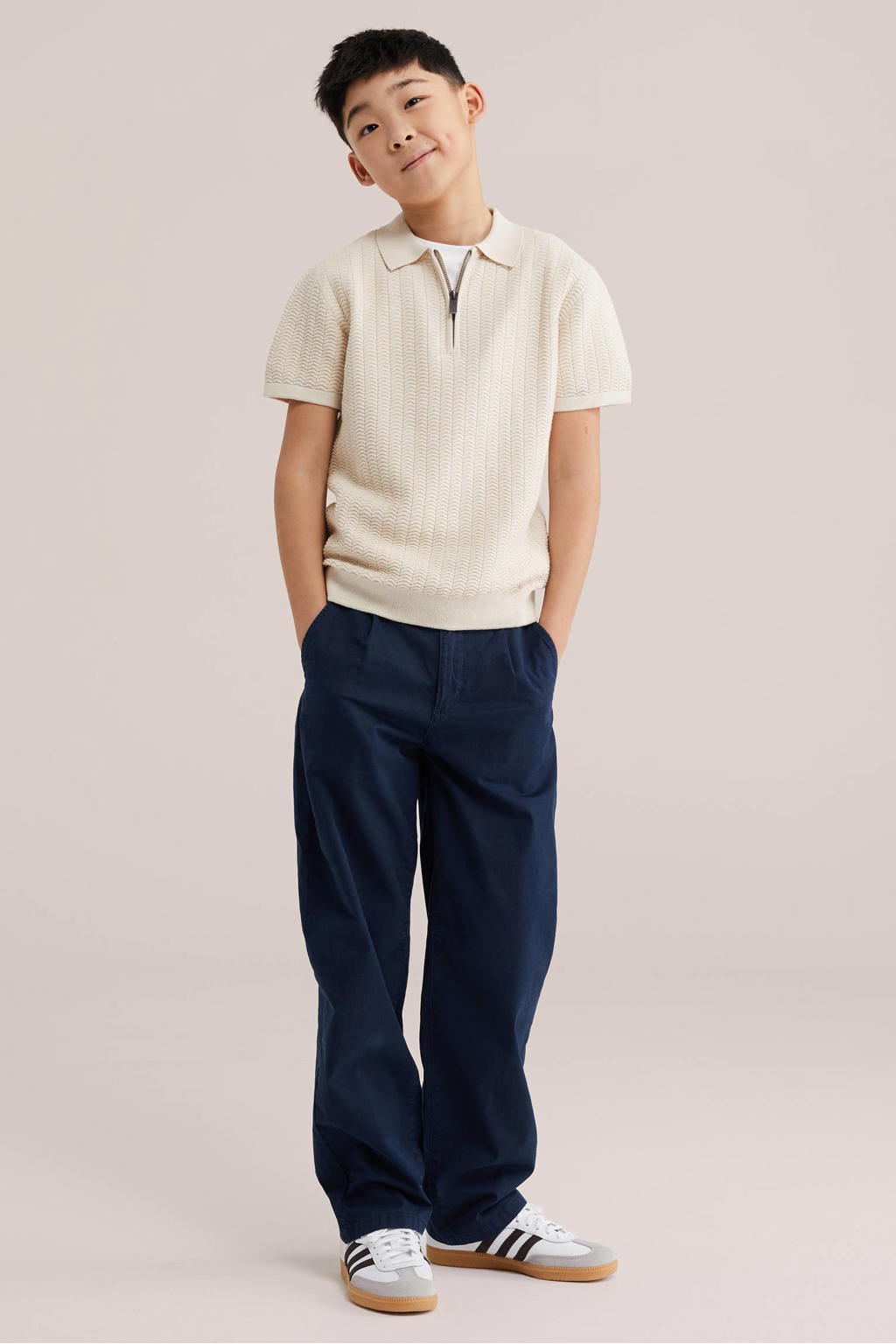 Beige jongens WE Fashion polo van katoen met effen, korte mouwen, halve rits en textuur