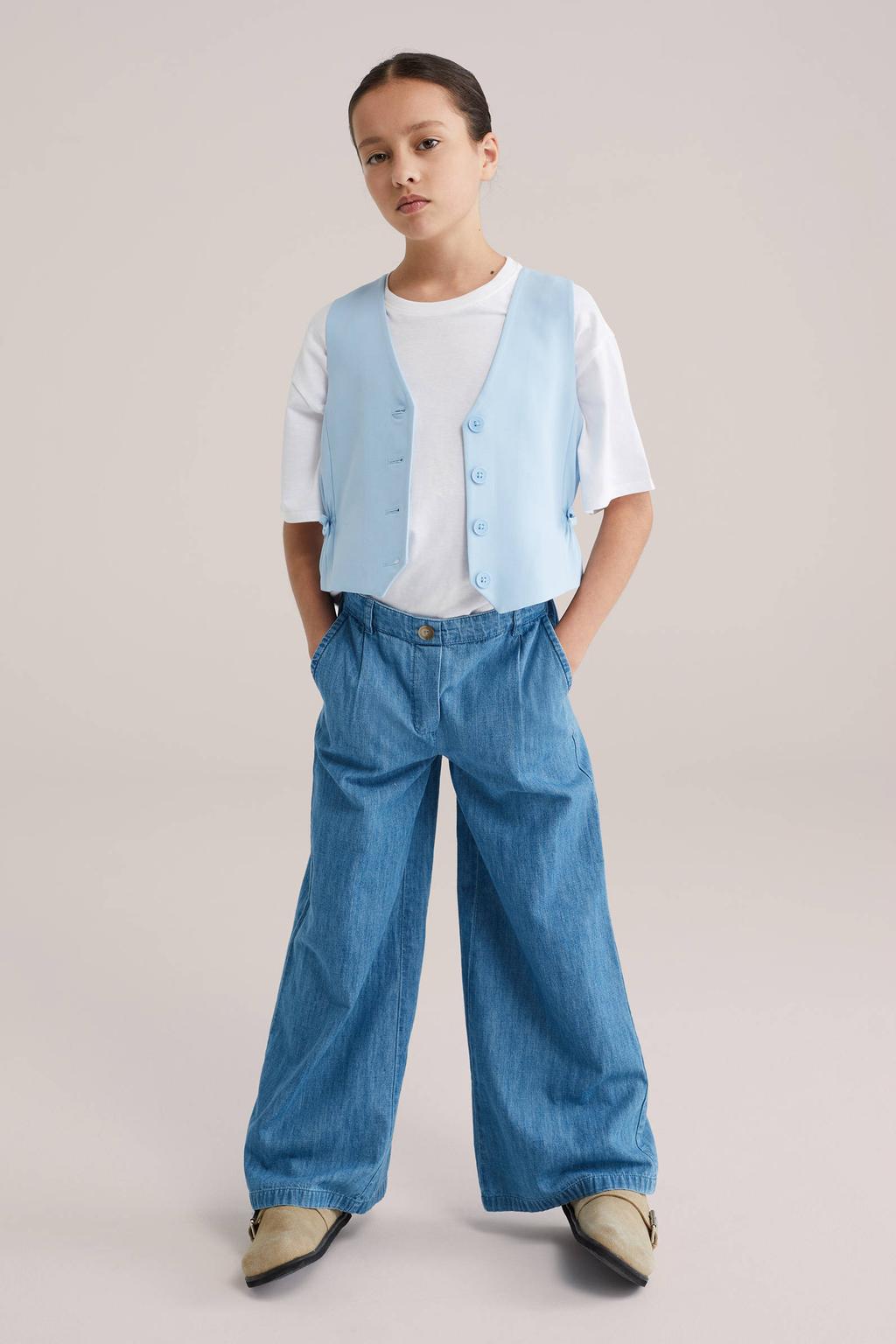 Medium blue denim meisjes WE Fashion Blue Ridge high waist wide leg jeans van denim met loose fit en effen