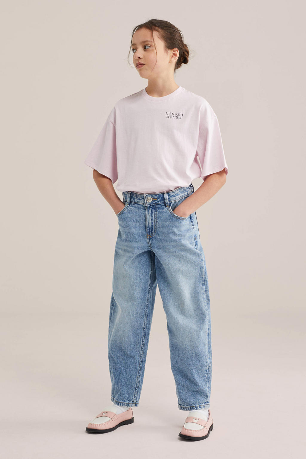 Lichtroze meisjes WE Fashion T-shirt van katoen met backprint, korte mouwen en ronde hals