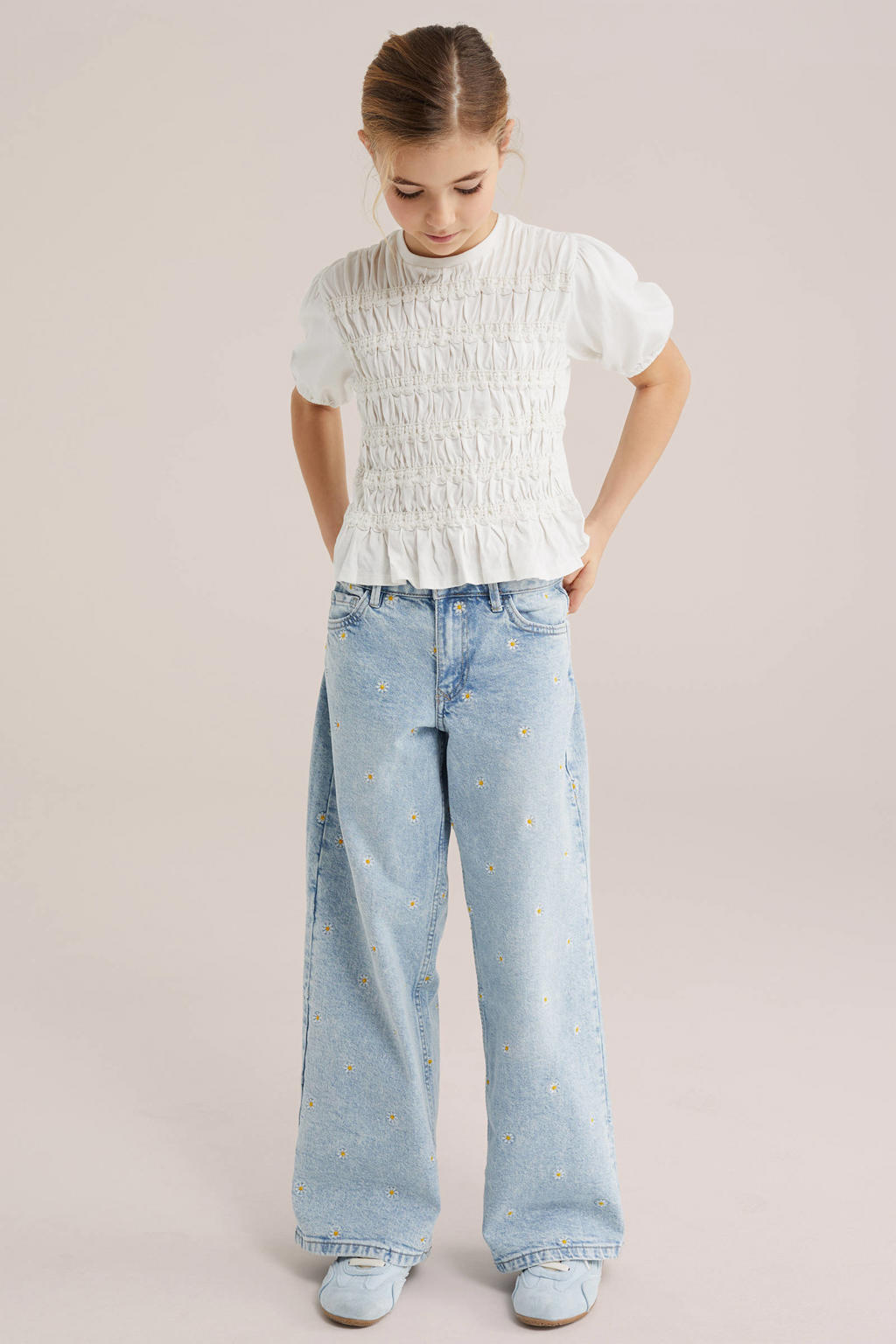 Witte meisjes WE Fashion blousetop van katoen met effen, korte mouwen, ronde hals en elastische boord