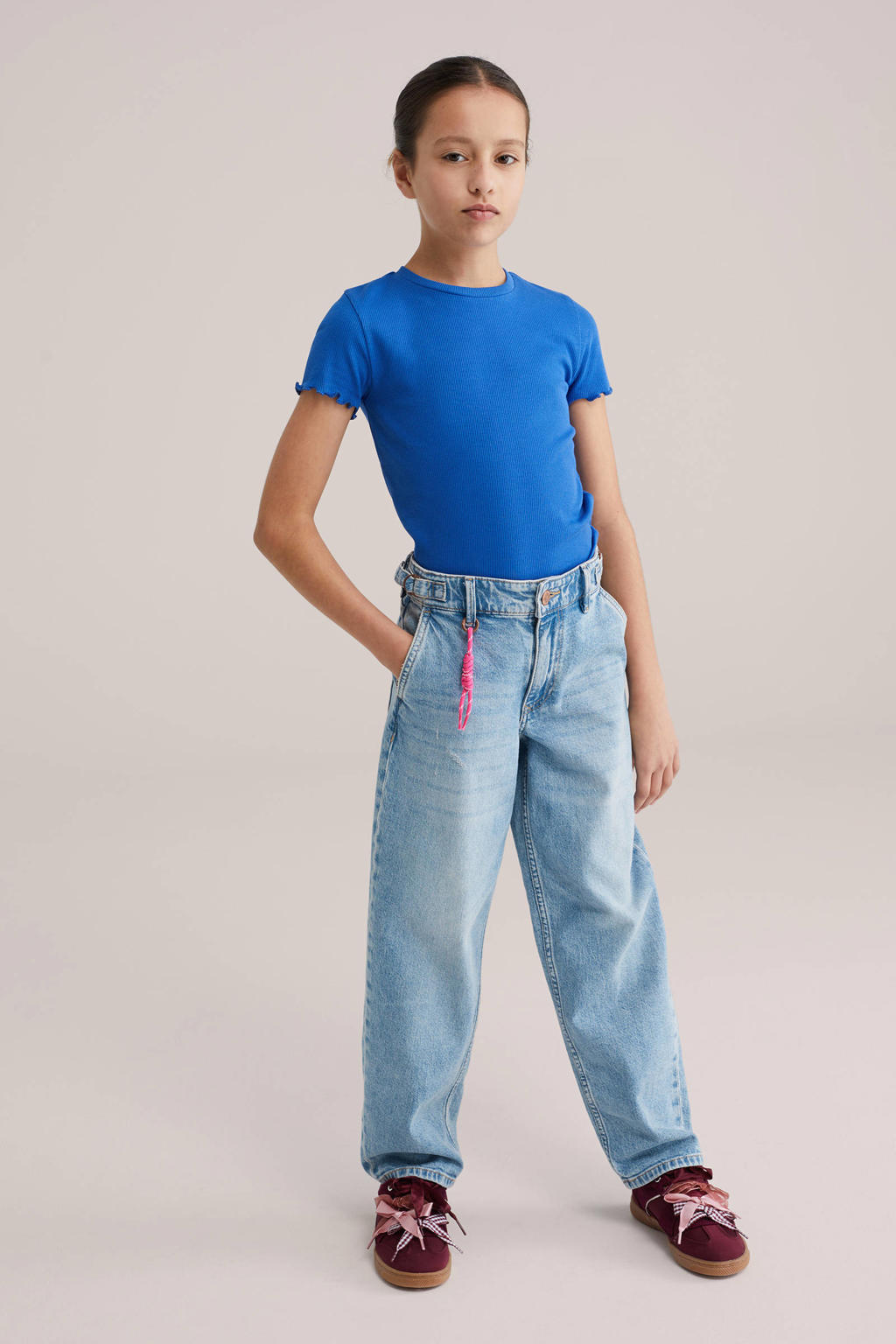Blauwe meisjes WE Fashion T-shirt van stretchkatoen met effen, korte mouwen, ronde hals en rib gebreide details
