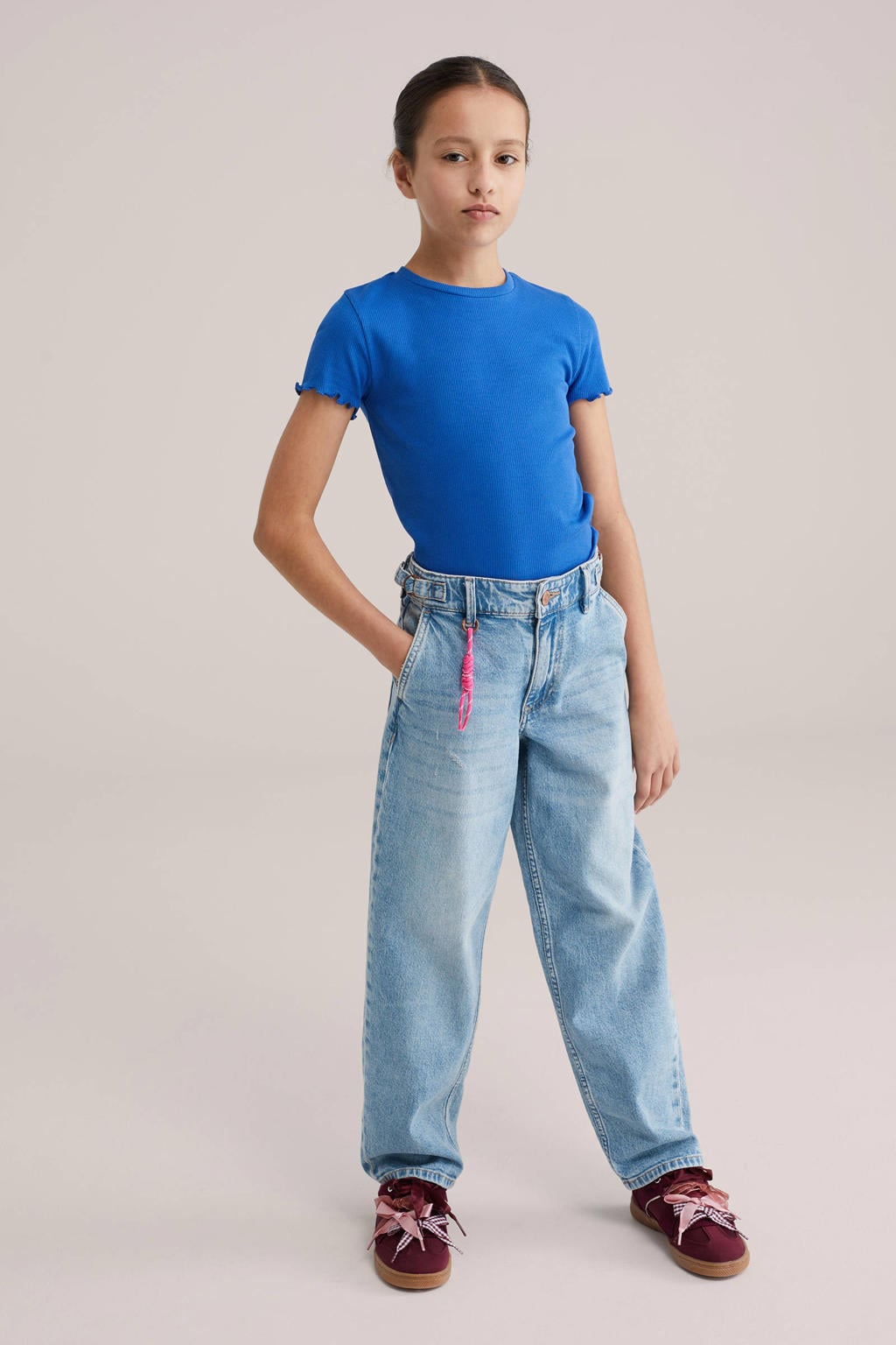 Blauwe meisjes WE Fashion T-shirt rib gebreid van katoen met effen, korte mouwen en ronde hals