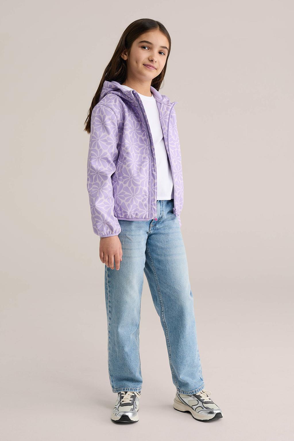 Lilakleurige meisjes WE Fashion tussenjas lente van polyester met bloemenprint, lange mouwen, capuchon en ritssluiting