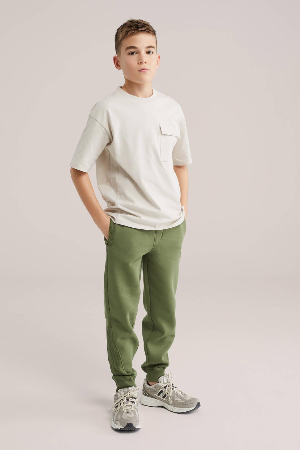 Beige jongens WE Fashion T-shirt van katoen met effen, korte mouwen en ronde hals
