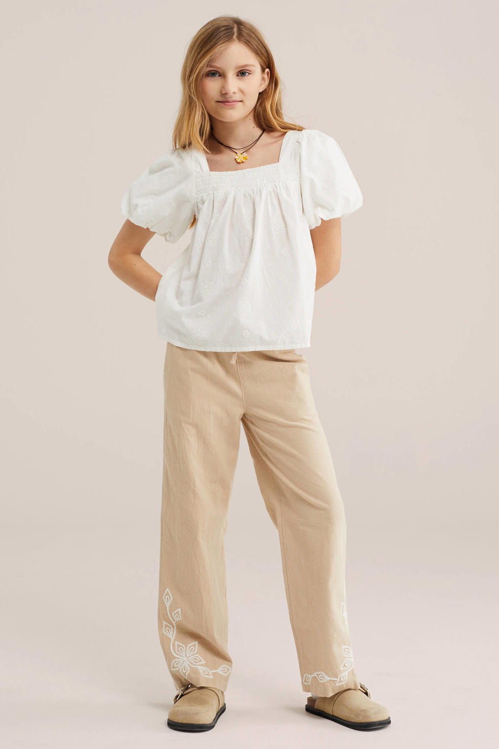 Witte meisjes WE Fashion blousetop van katoen met effen, korte mouwen, vierkante hals en borduursels