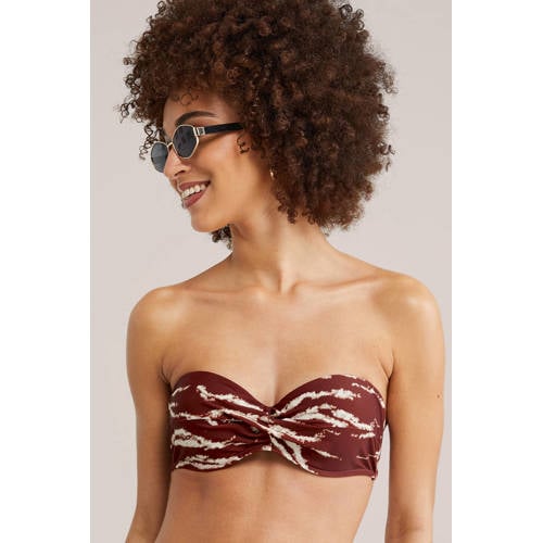 WE Fashion voorgevormde strapless bandeau bikinitop donkerrood/ecru afbeelding