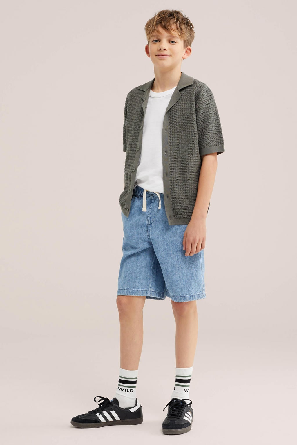 Groene jongens WE Fashion casual overhemd van katoen met effen, korte mouwen, polo kraag en knoopsluiting