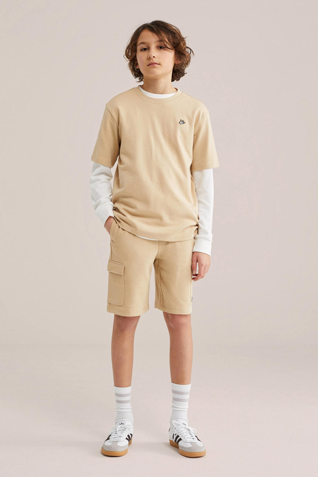 Zandkleurige jongens WE Fashion T-shirt van katoen met effen, korte mouwen en ronde hals