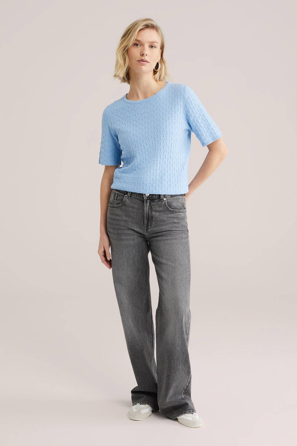 Lichtblauwe dames WE Fashion trui van katoen met effen, korte mouwen, ronde hals en ingebreid patroon