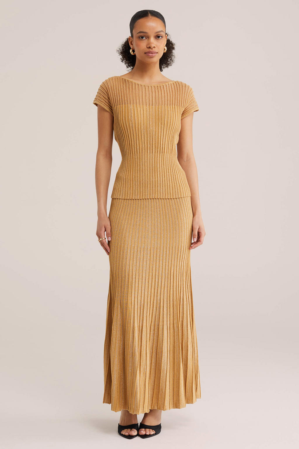 Okergele dames WE Fashion maxi rok van viscose met effen, elastische tailleband en lurex