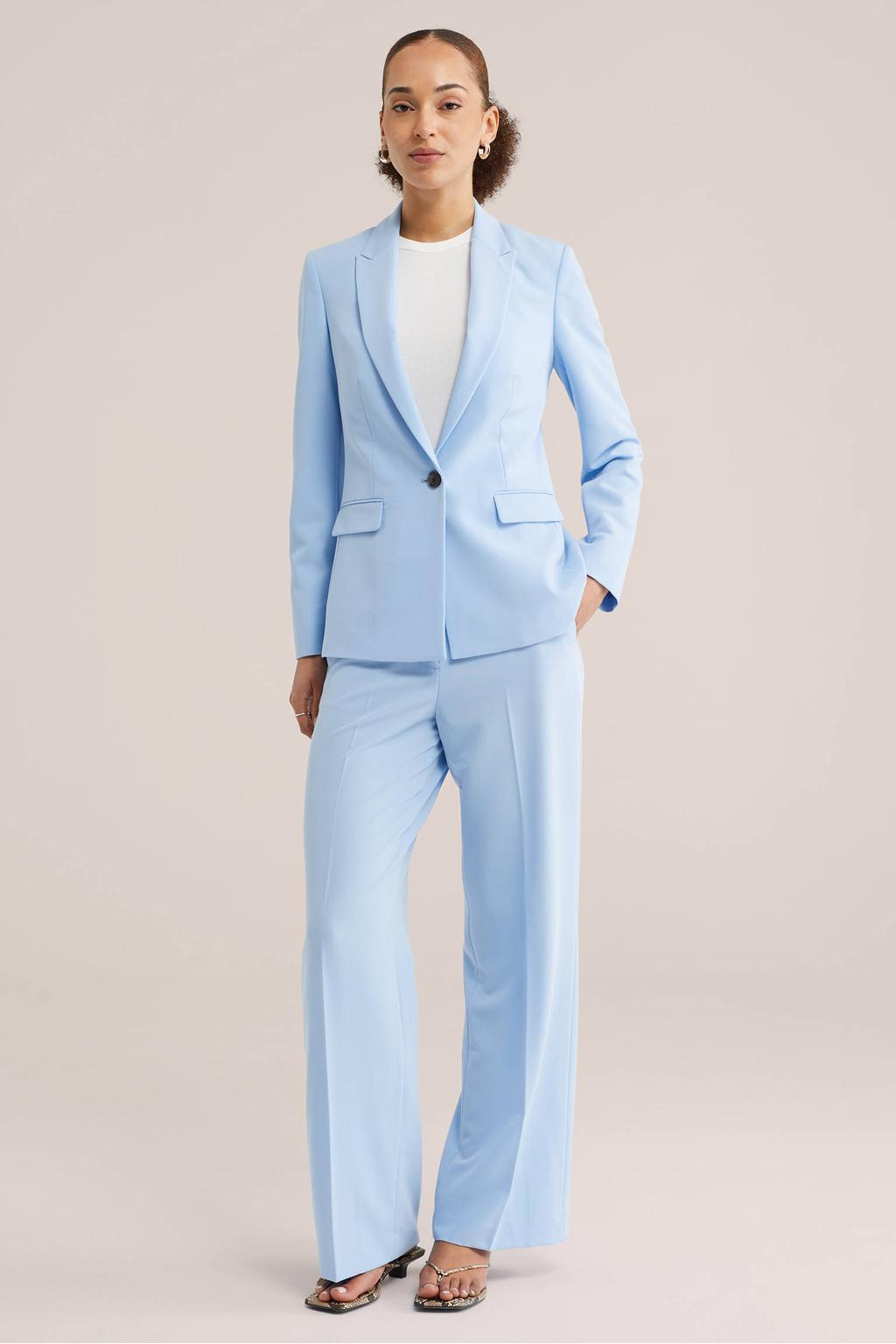 Lichtblauwe dames WE Fashion getailleerde blazer met effen, lange mouwen, reverskraag en knoopsluiting