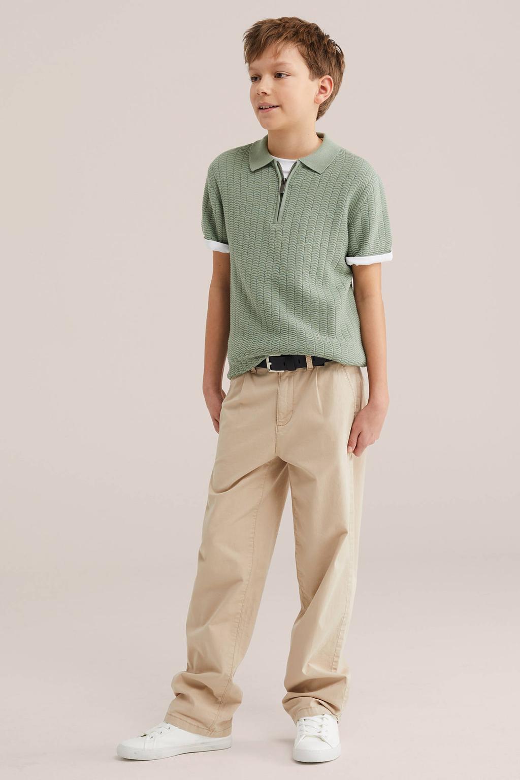 Grijsgroene jongens WE Fashion polo groen van katoen met effen, korte mouwen, halve rits en textuur