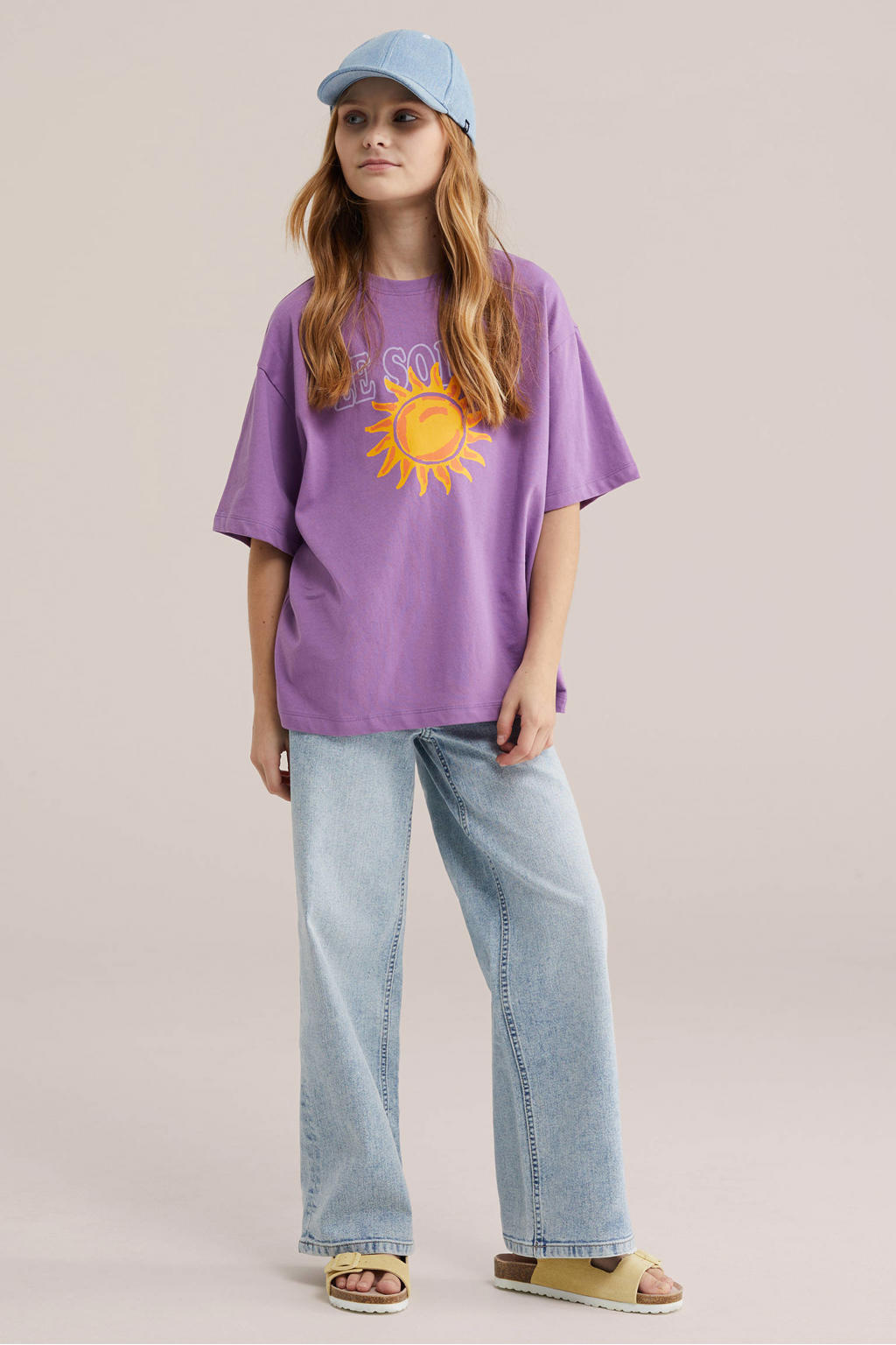 Paarse meisjes WE Fashion T-shirt van katoen met printopdruk, korte mouwen en ronde hals