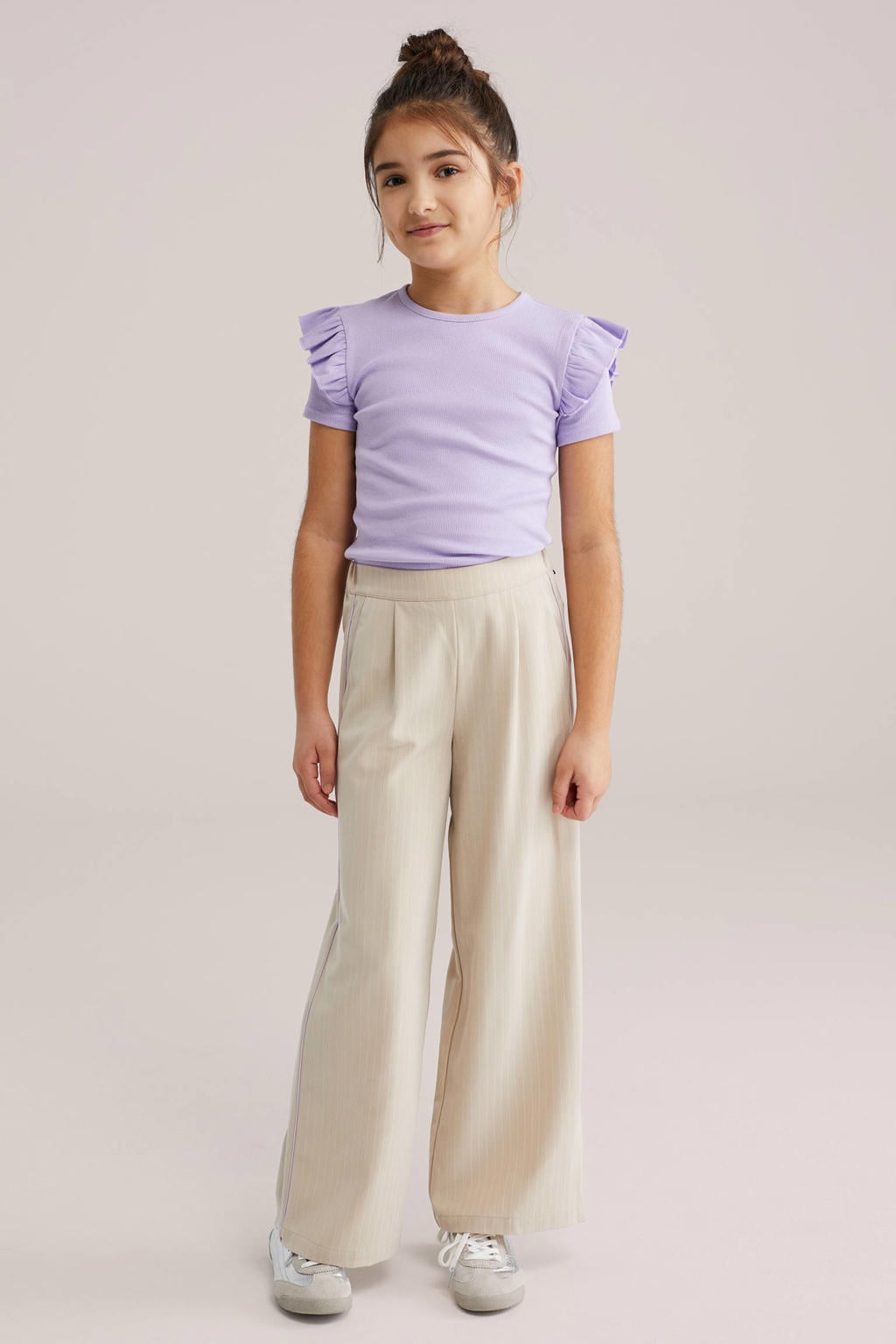 Paarse meisjes WE Fashion T-shirt van stretchkatoen met effen, korte mouwen, ronde hals en ruches