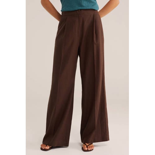 WE Fashion wide leg broek bruin met linnen afbeelding