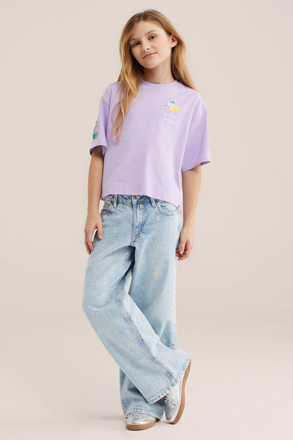 Lilakleurige meisjes WE Fashion T-shirt van katoen met tekst print, korte mouwen en ronde hals
