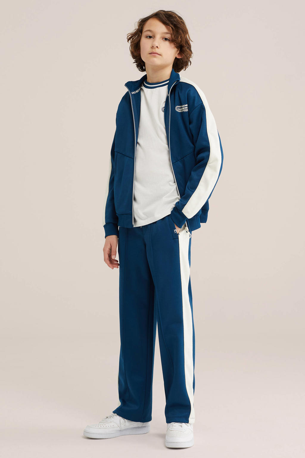 Donkerblauwe jongens Bad Boys sweatvest van polyester met effen, lange mouwen en contrast bies